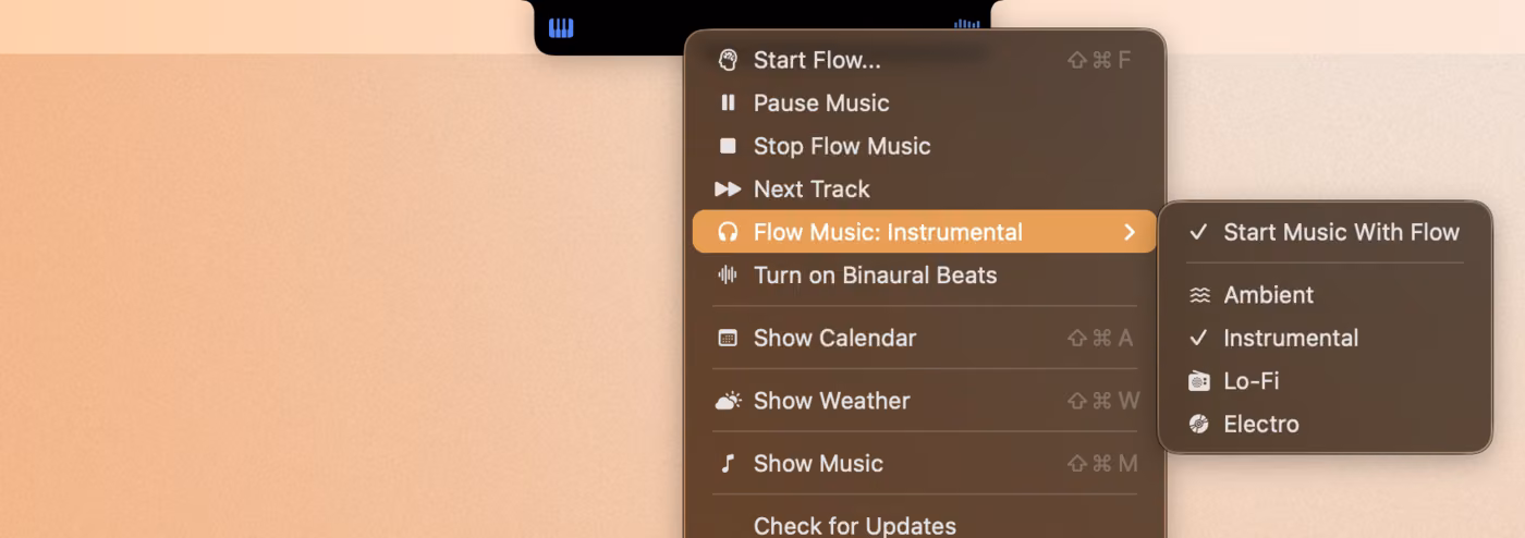 Seam's menu bar menu, with Flow Music profiles for ambient, instrumental, lo-fi, and electro