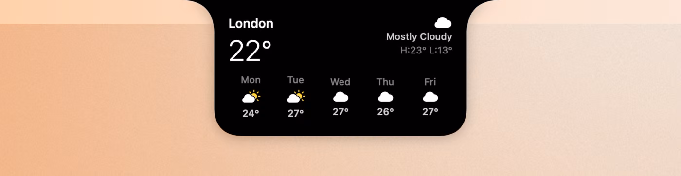 Seam's expanded weather view in the notch, with current conditions and a 5-day forecast