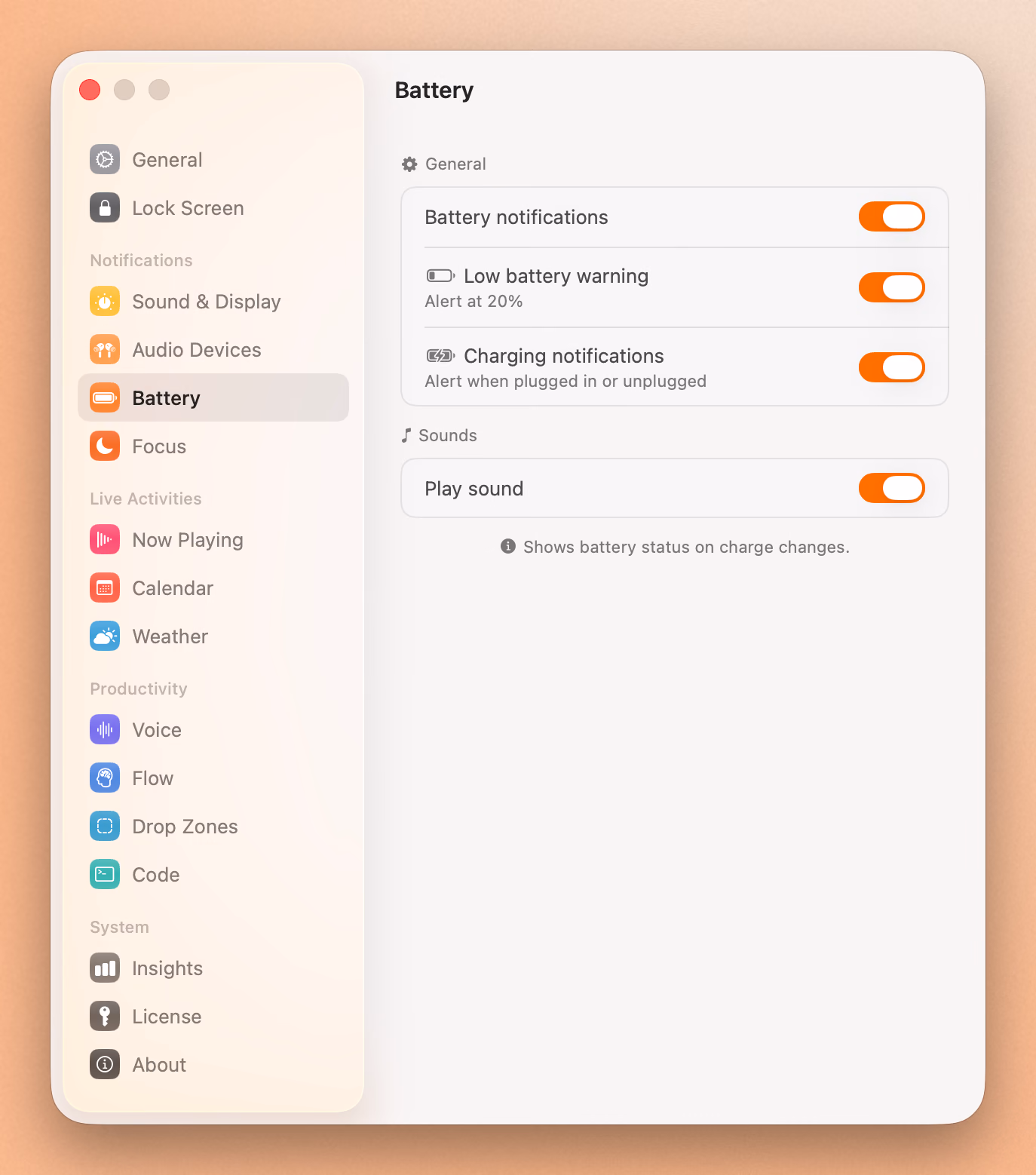 Seam's Battery settings, with low battery warnings and charging notifications