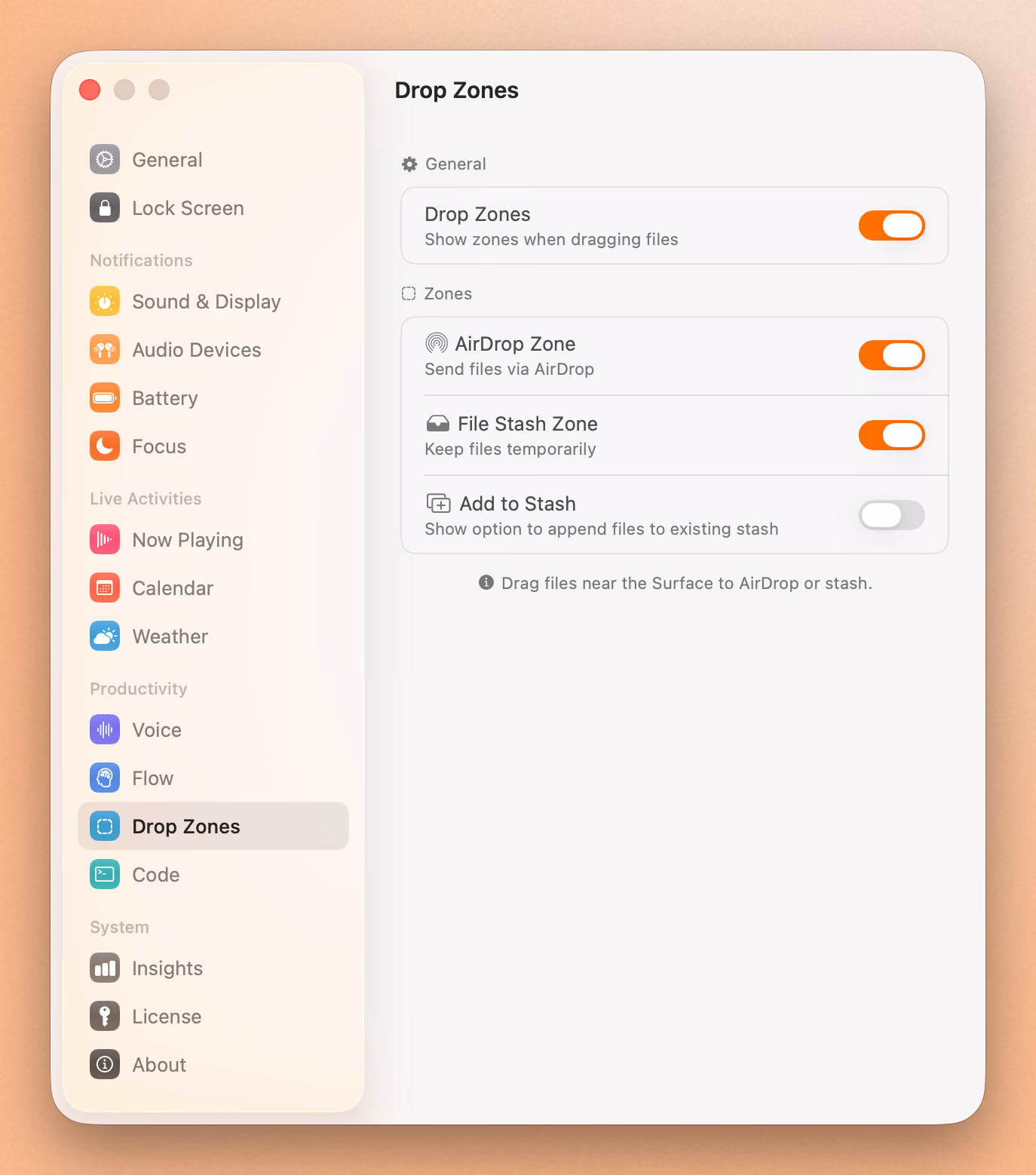 Seam's Drop Zones settings, with AirDrop and File Stash zones for dragging files