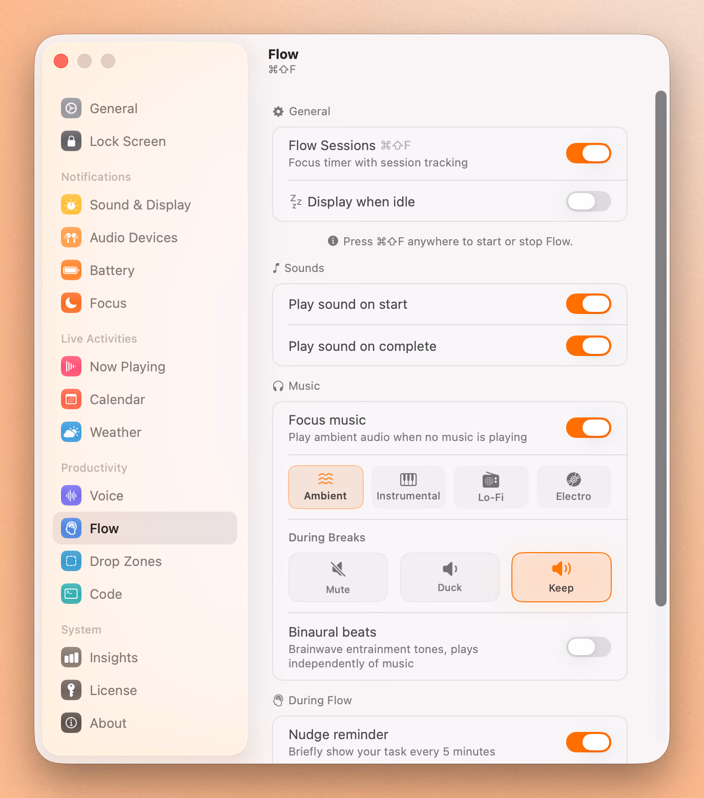 Seam's Flow settings, with the focus session timer, ambient focus music, and break behaviour
