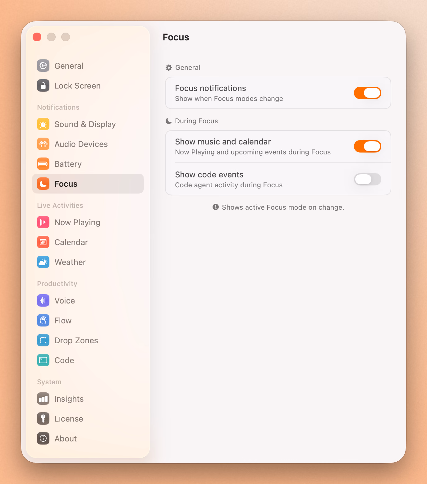 Seam's Focus settings, showing macOS Focus mode notifications and what stays visible during Focus