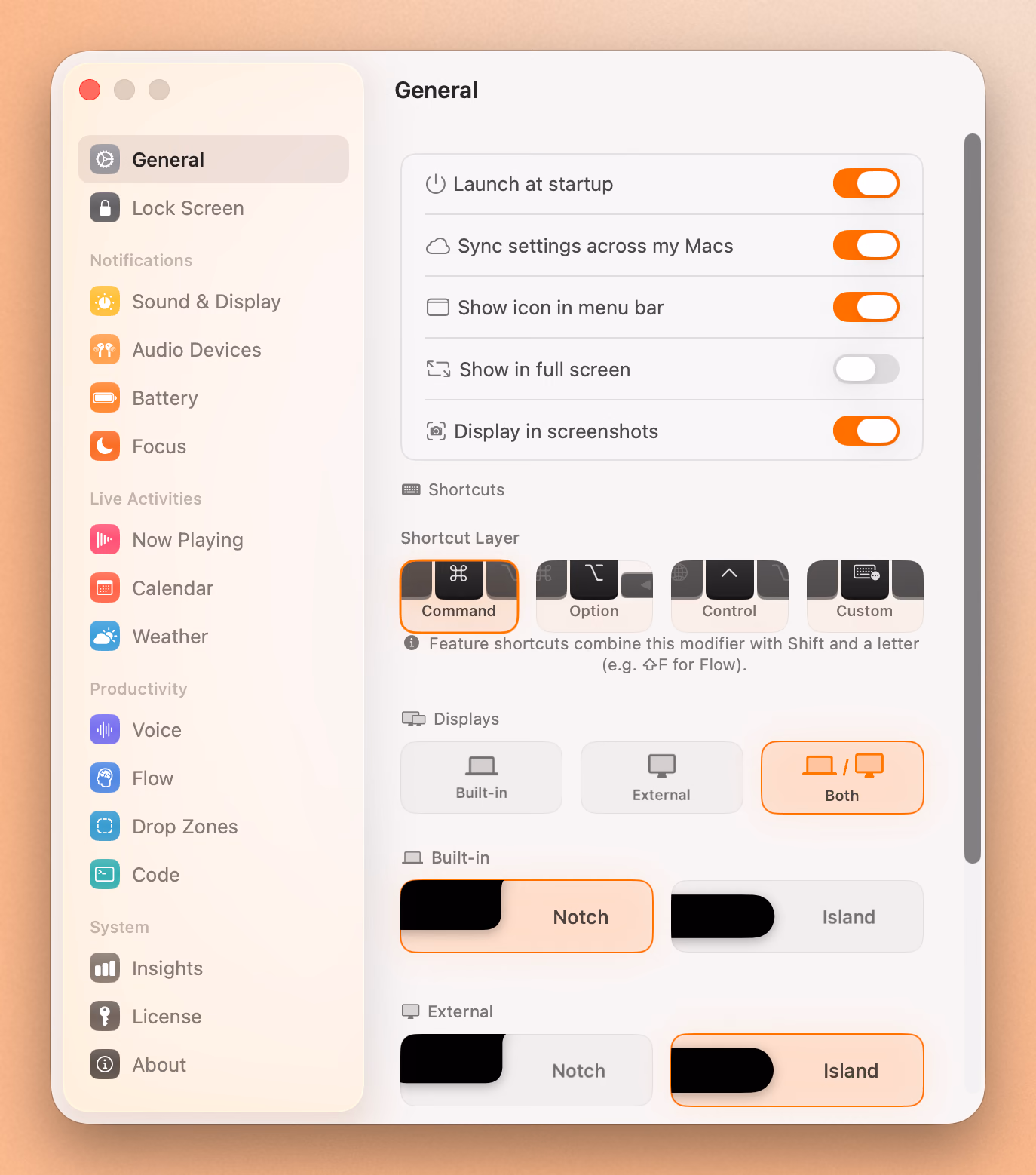 Seam's General settings on macOS, showing launch at startup, the shortcut layer, and notch or island display modes
