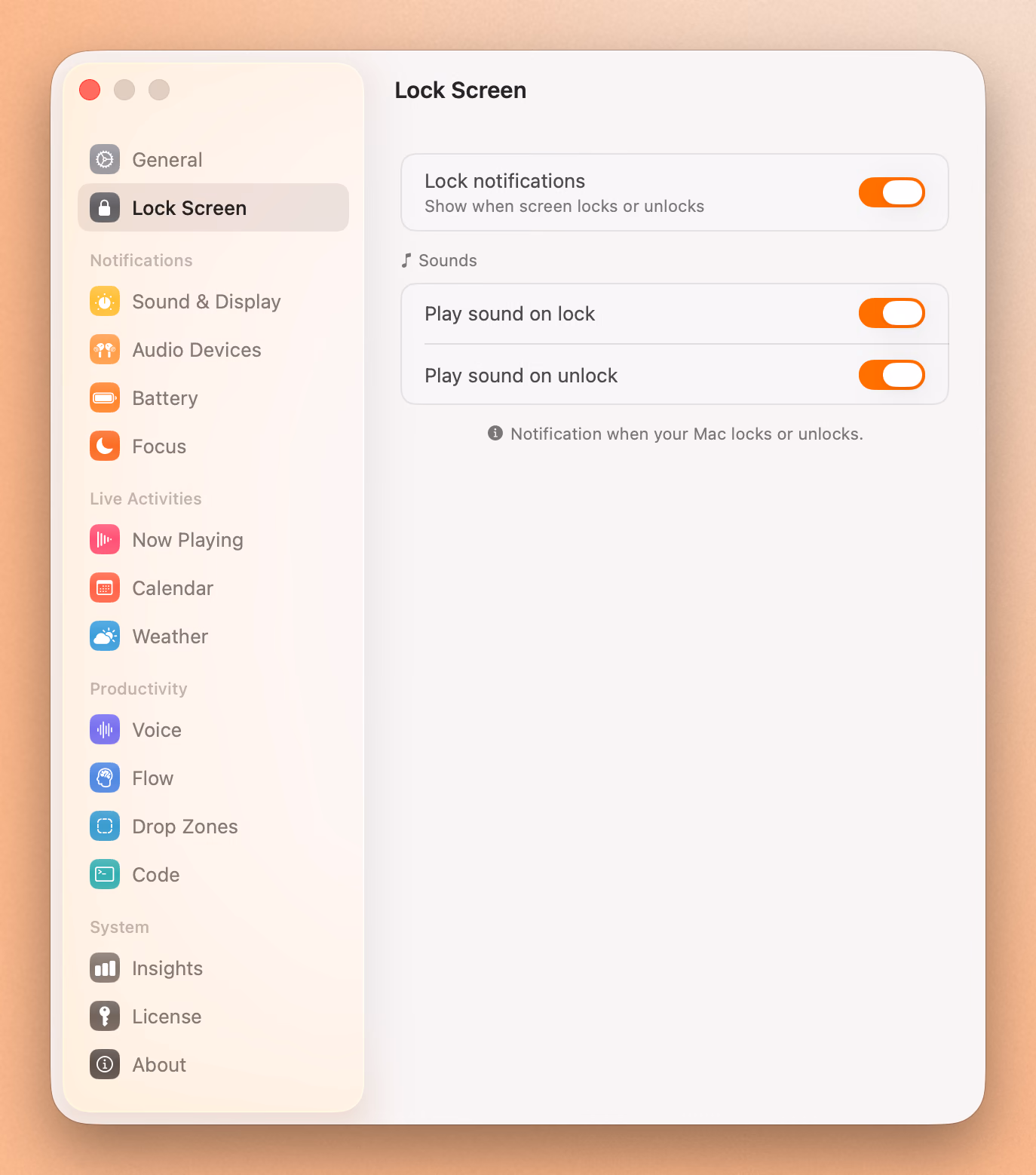 Seam's Lock Screen settings, with sounds played on lock and unlock