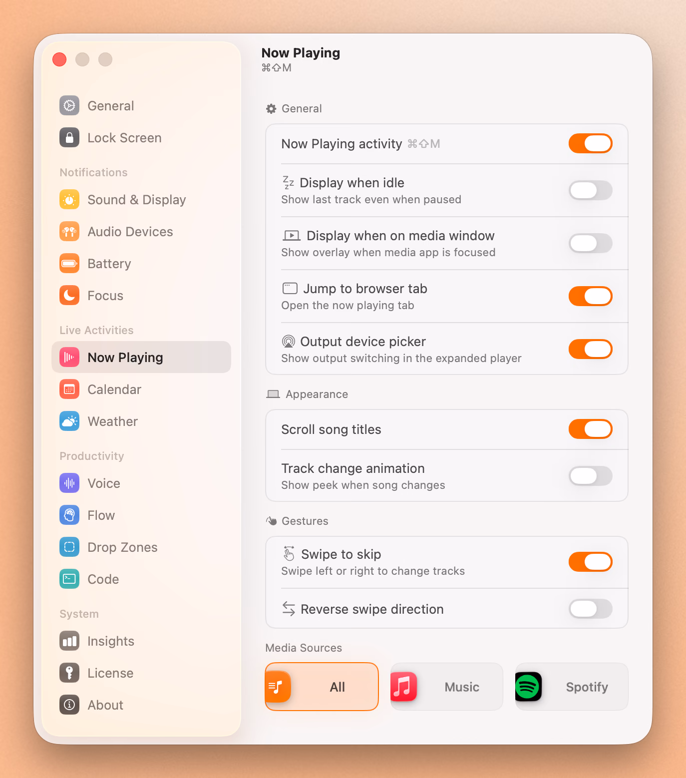 Seam's Now Playing settings, with idle display, swipe gestures, and media sources for Apple Music and Spotify