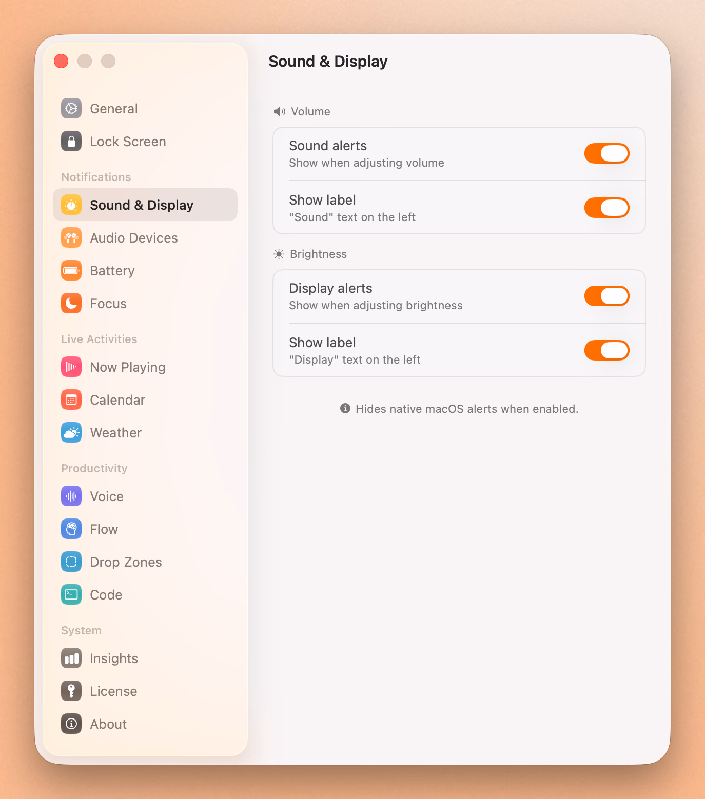 Seam's Sound and Display settings, which replace the native macOS volume and brightness alerts