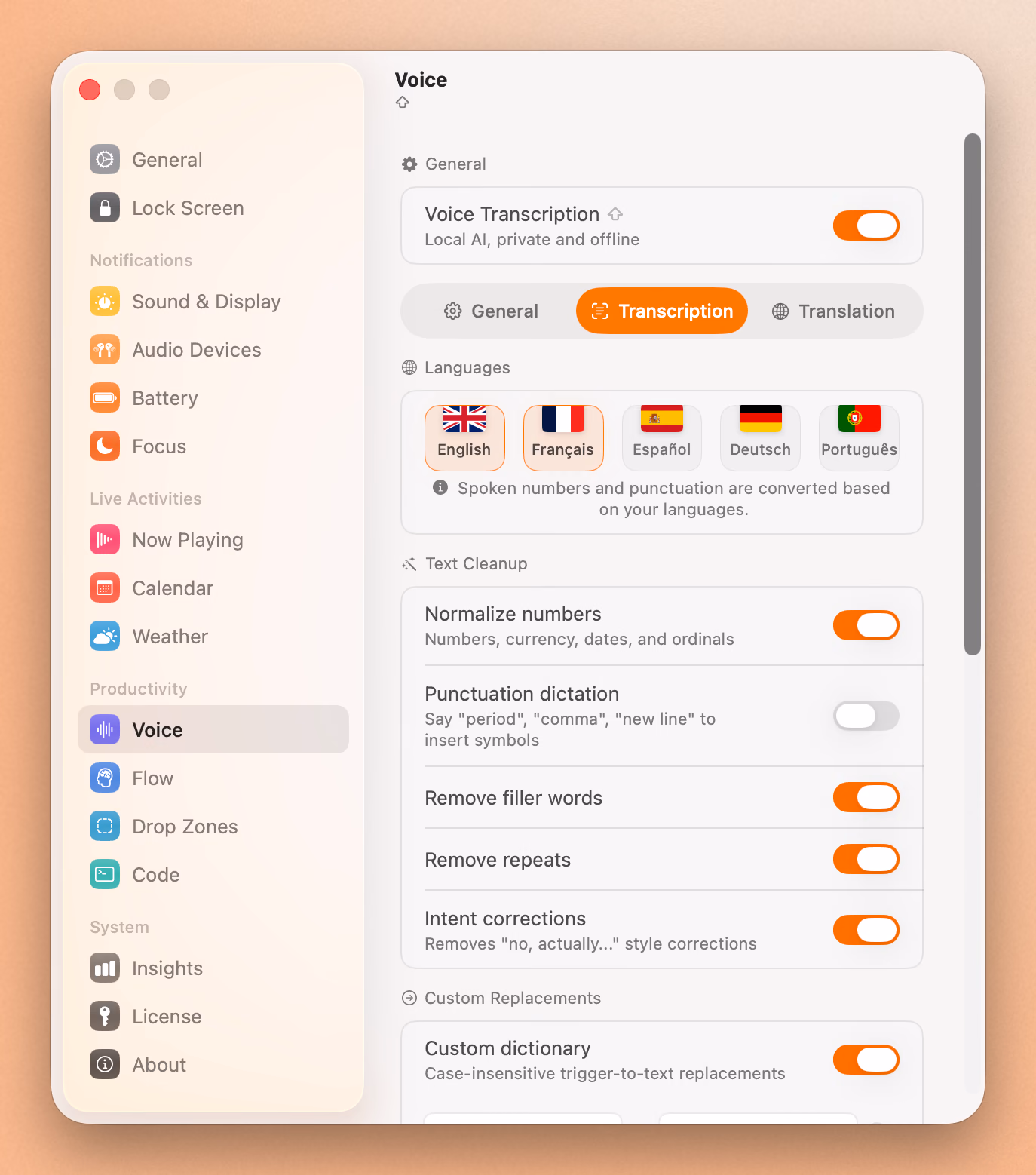 Seam's Voice transcription settings, with dictation languages, filler word removal, and a custom dictionary