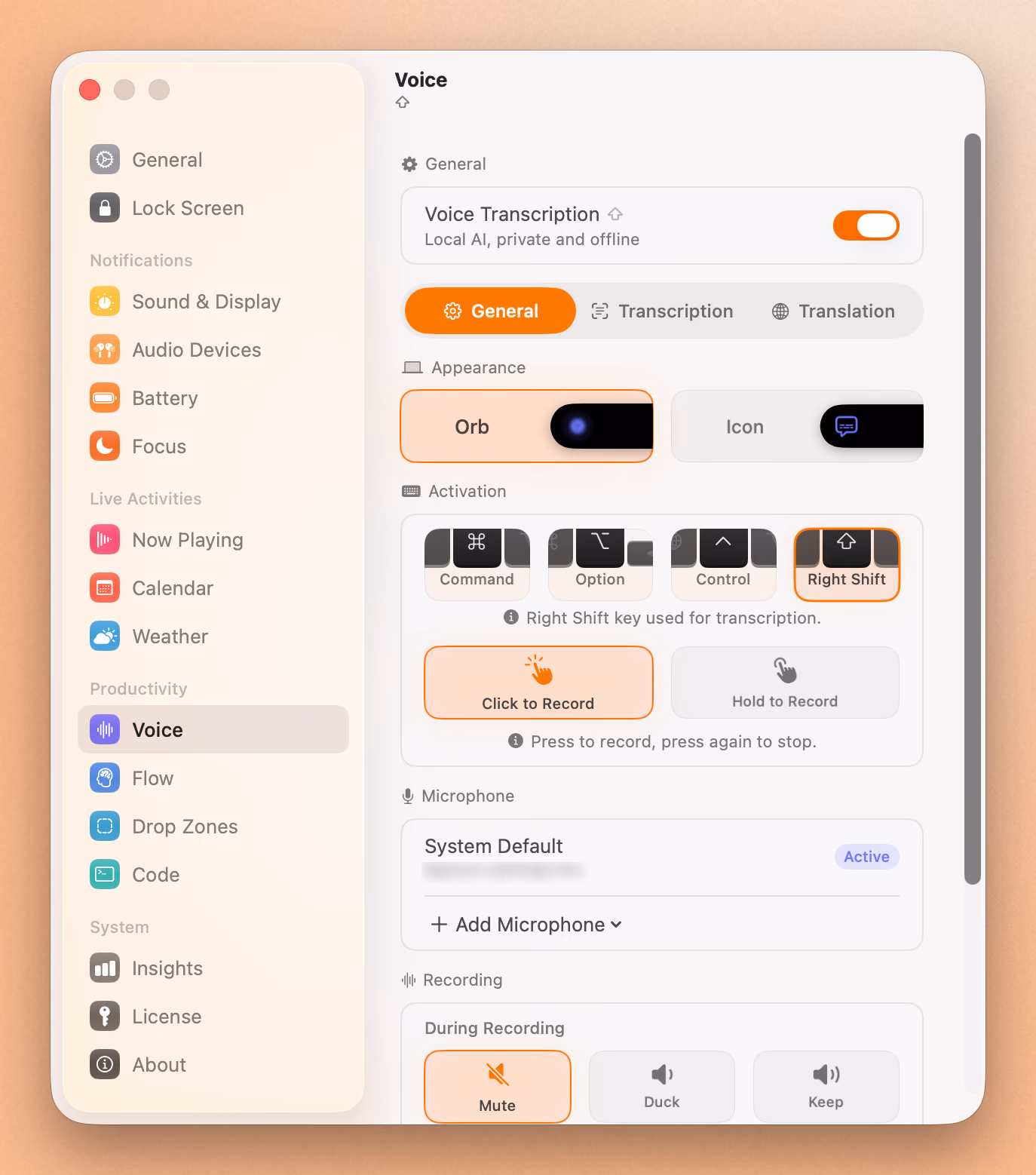 Seam's Voice settings, showing on-device transcription, push-to-talk activation, and microphone selection