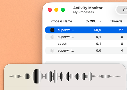Superwhisper CPU-Auslastung beim Diktieren, 50,9%