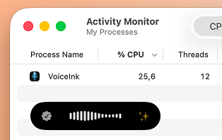 VoiceInk CPU usage during dictation: 25.6%