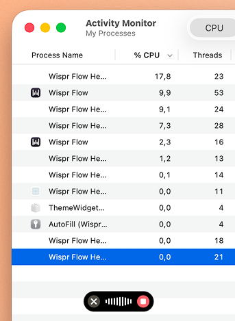 Wispr Flow CPU usage during dictation