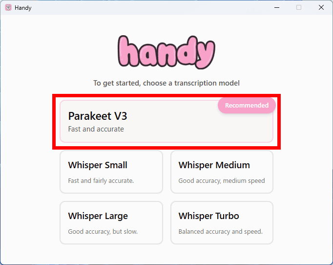 Handy model selection interface with Whisper and Parakeet options