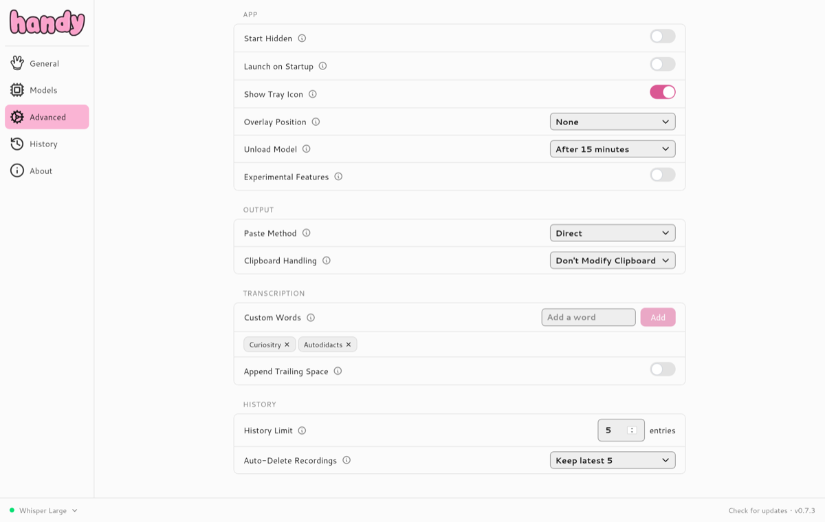 Handy app interface showing the cross-platform dictation tool with settings panel