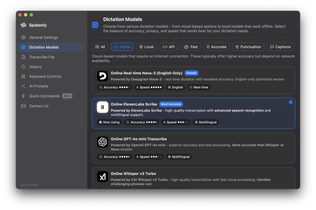 Spokenly language and model settings panel