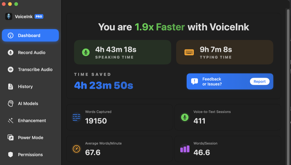 VoiceInk dashboard showing usage statistics and transcription history