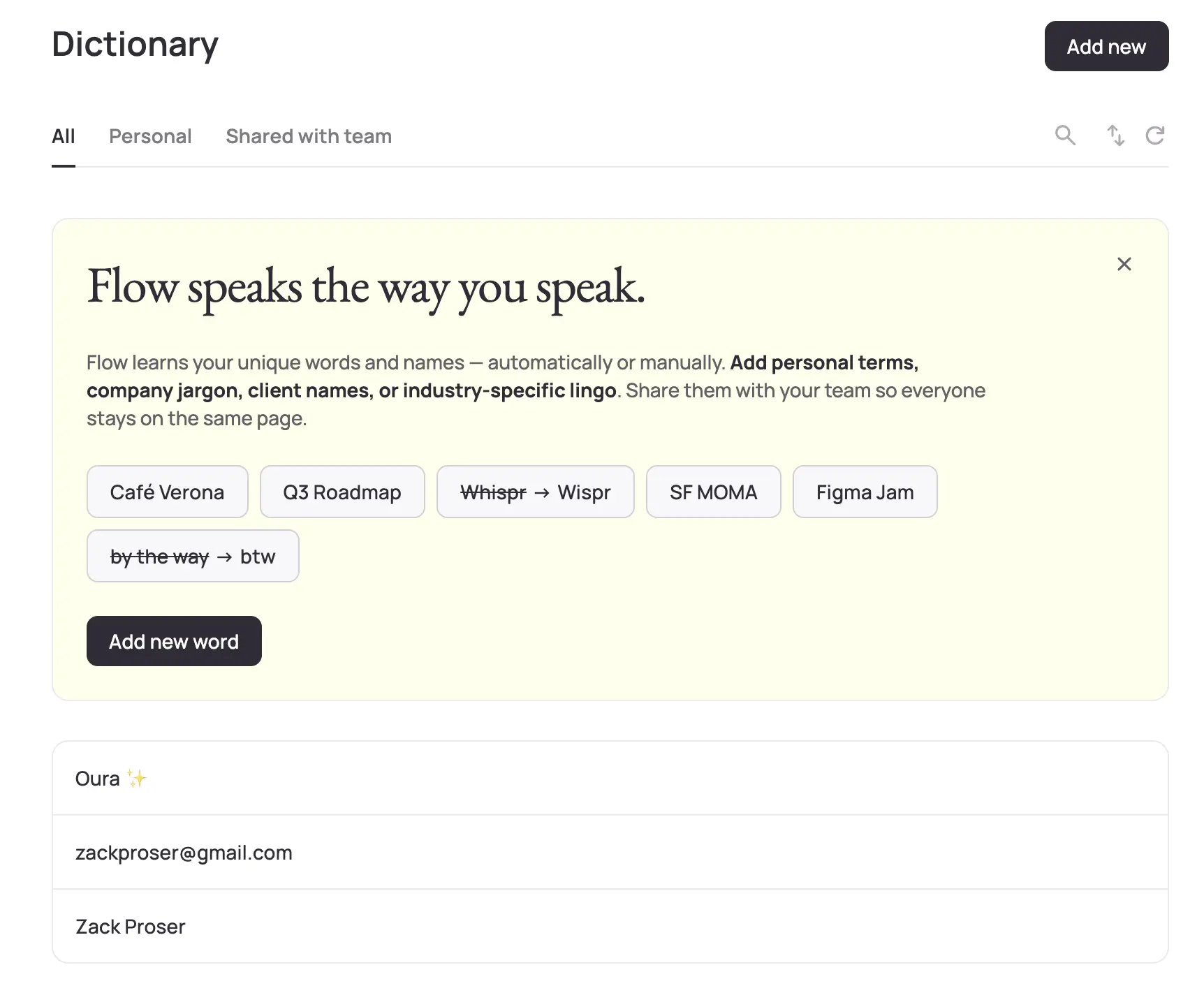 Wispr Flow dictionary interface for managing custom vocabulary